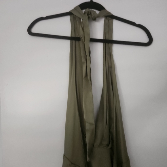 Zara Olive Light Green Satin Deep V Backless Tie-Up Lined Dress NEW - Picture 5 of 13